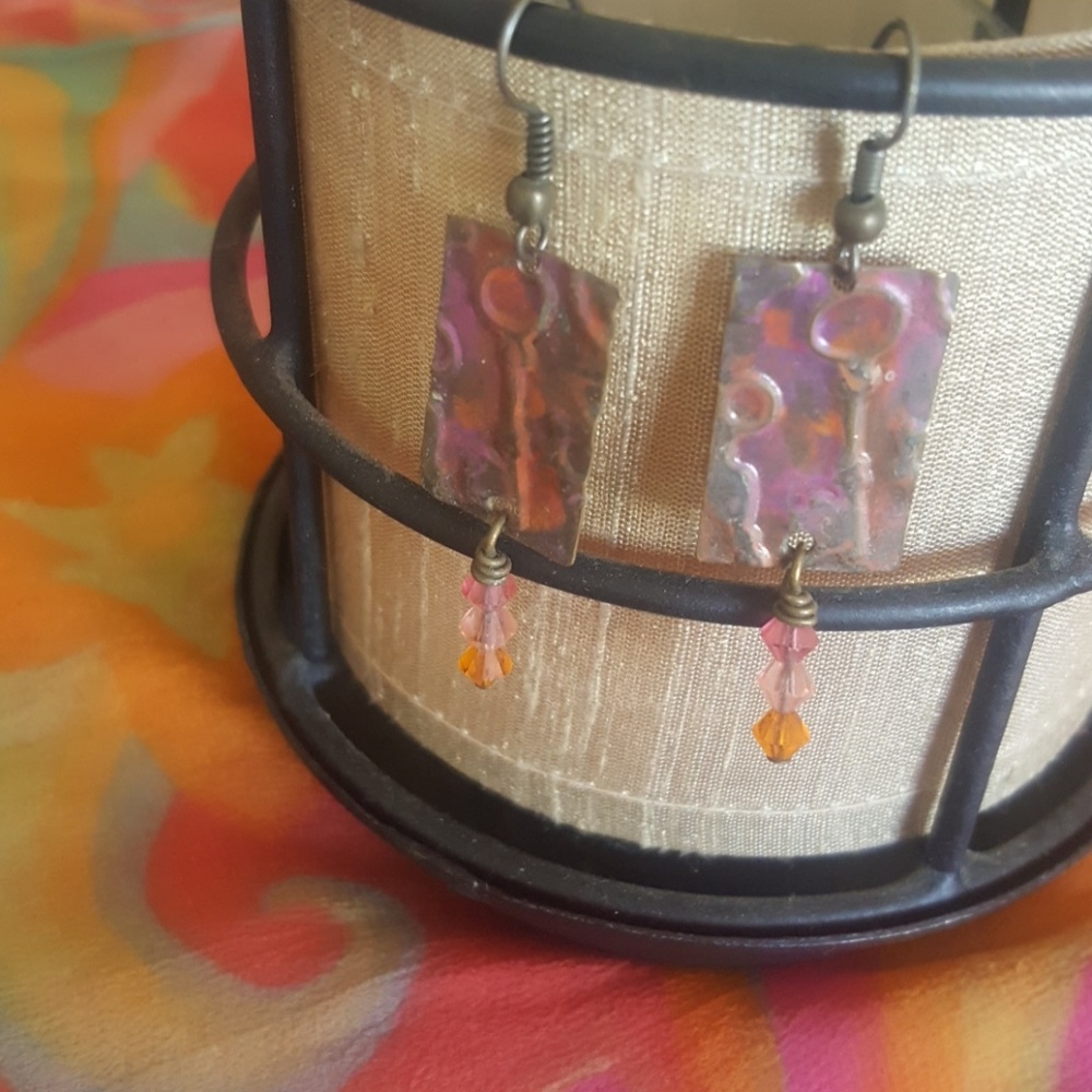Steampunk Style pink and orange metal Key earrings